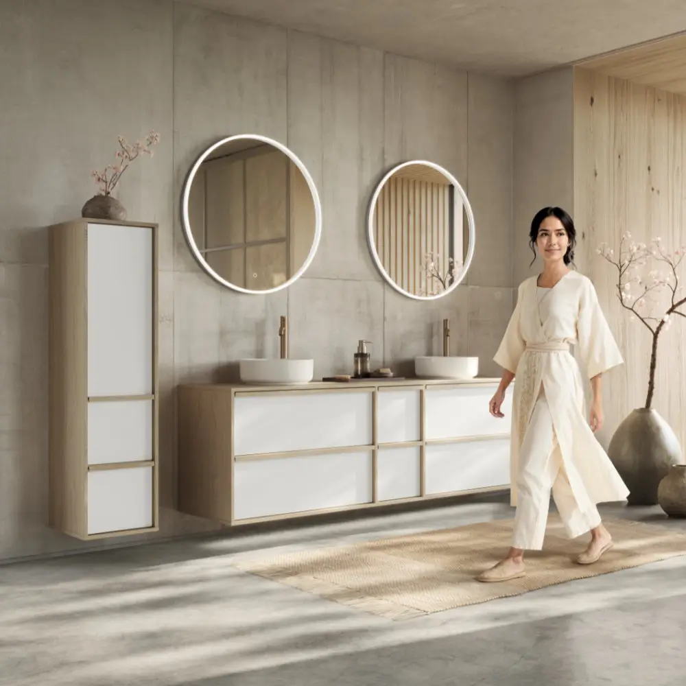 Frau in hellem Kleid, die auf einem beigen Teppich in einem modernen Badezimmer mit zwei runden beleuchteten Spiegeln und hölzernen Schränken spaziert.