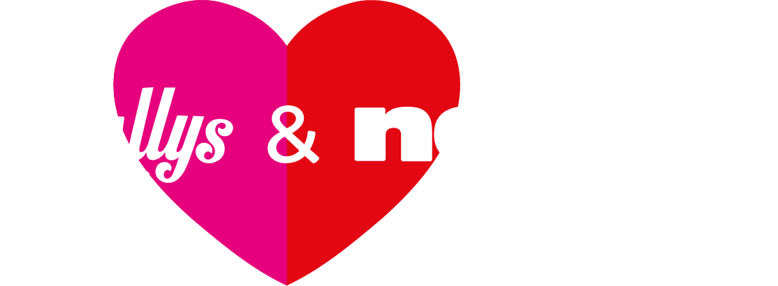 Ein herzförmiges Symbol, links in Pink und rechts in Rot, mit den weißen Textteilen „llys & no“ in der Mitte.